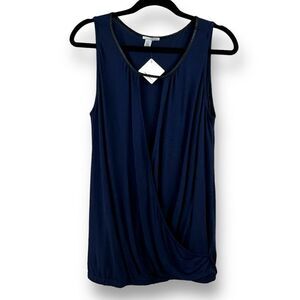Halogen Women's Size M Draped Wrap Top Royal Blue With Leather Trim Plunge New‎